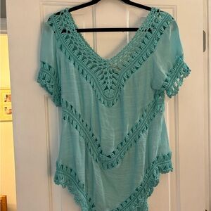Aqua , turquoise, boho blouse, beachy, light blue, crochet